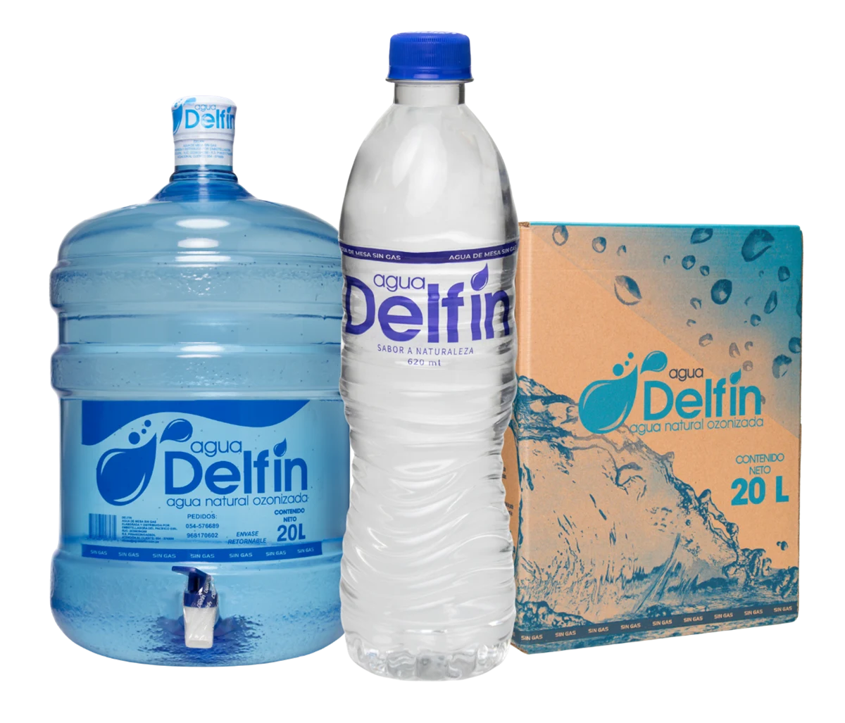 Presentaciones de Agua Delfín: bidón de 20 litros, botella de 620 ml y caja de 20 litros